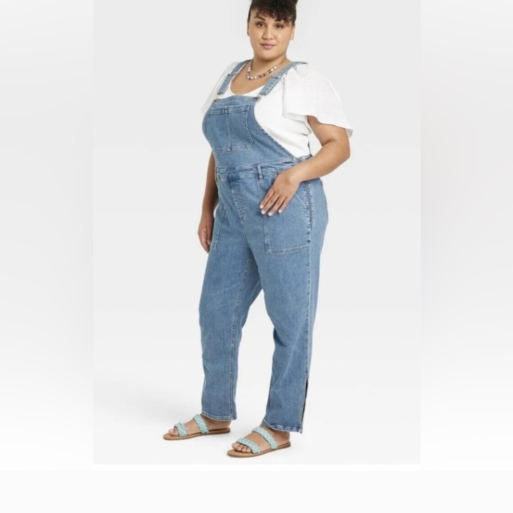 Ava & Viv 20W Denim Overalls With Ankle Slits & Side Zipper Stretchy
